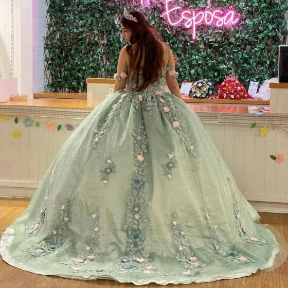 3D Flowers Sage Green Shiny Princess Quinceanera Dresses Crystal Prom Birthday Sweet 16 Dress Lace-up Corset Vestidos De 15 Anos