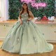 3D Flowers Sage Green Shiny Princess Quinceanera Dresses Crystal Prom Birthday Sweet 16 Dress Lace-up Corset Vestidos De 15 Anos