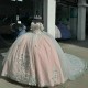 3DFlowers Pink Shiny Quinceanera Dresses Ball Gown For Sweet Girls Applique Vestidos De XV 15 Anos Beads Birthday Prom Dress