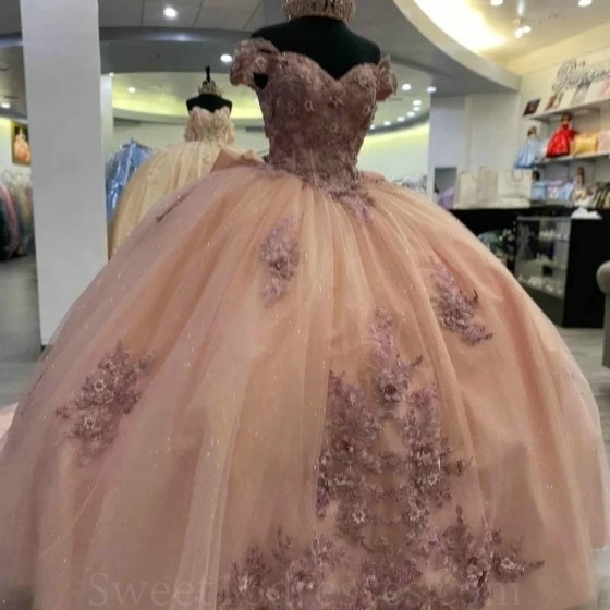 Appliques Pink Lace 3D Flower Quinceanera Dresses With Bow Ball Gowns Princess Sweet 16 Dress Lace up vestidos de 15