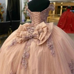 Appliques Pink Lace 3D Flower Quinceanera Dresses With Bow Ball Gowns Princess Sweet 16 Dress Lace up vestidos de 15