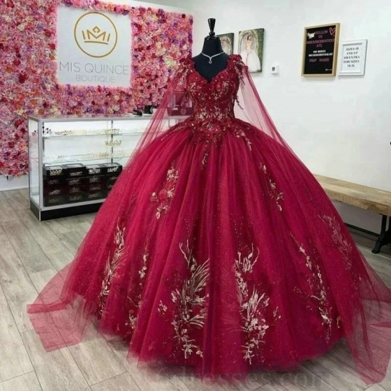 Appliques Red Quinceanera Dresses Princess Sweet 15 Years Girl Birthday Party Dresses Lace Beads With Cape Vestidos De 15