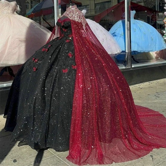 Beaded Black Shiny Princess Quinceanera Dress Ball Gown Bow Off Shoulder With Red Cape 15th Party Gown Appliques Sweet 16