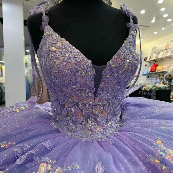 Beaded Lavender Shiny Ball Gown Quinceanera Dresses Applique Lace Celebrity Party Gowns Sequined Graduation Vestido De 15 Anos