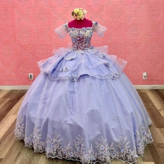 Beaded Lavender Shiny Ball gown Quinceanera Dress Floral Lace Applique Flower Tulle Cocktail Dresses Vestidos De Baile Ball Gown