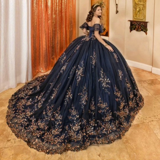 Beaded Navy Blue Corset Quinceanera Dress Ball Gown Lace Up Graduation Gown Sweetheart Applique quinceanera de 15 anos Sweet 16