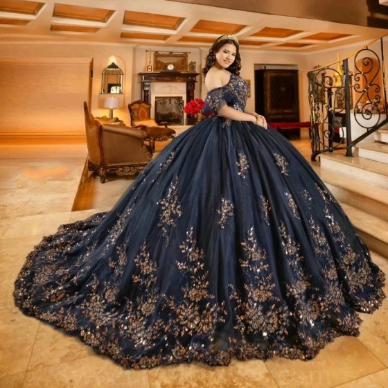 Beaded Navy Blue Corset Quinceanera Dress Ball Gown Lace Up Graduation Gown Sweetheart Applique quinceanera de 15 anos Sweet 16