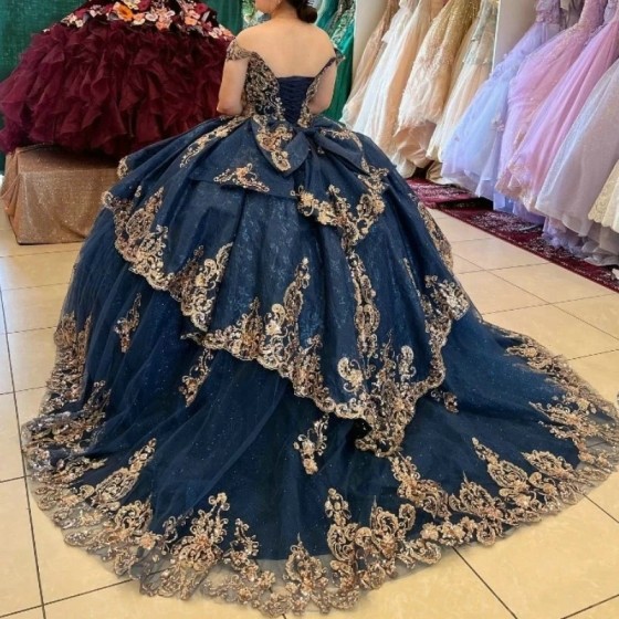 Beaded Navy Blue Shiny Quinceanera Dresses Appliques Lace Beads Ball Gown Princess Sweet 16 Year Girl vestidos de 15 anos xv