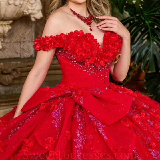 Beaded Red Shiny Princess Quinceanera Dresses Off Shoulder Crystal Flower Tull Sweet 16 vestidos de 15 quinceanera