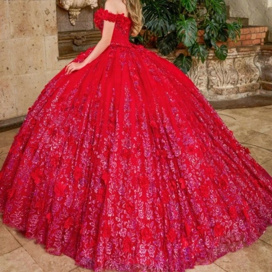 Beaded Red Shiny Princess Quinceanera Dresses Off Shoulder Crystal Flower Tull Sweet 16 vestidos de 15 quinceanera