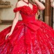 Beaded Red Shiny Princess Quinceanera Dresses Off Shoulder Crystal Flower Tull Sweet 16 vestidos de 15 quinceanera