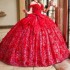 Beaded Red Shiny Princess Quinceanera Dresses Off Shoulder Crystal Flower Tull Sweet 16 vestidos de 15 quinceanera