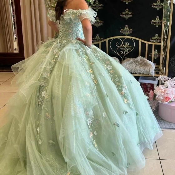 Beadeds Sage Green Shiny Ball Gown Quinceanera Dress Applique Lace Bow Sweet 16 Dress Birthday Party Dress Vestidos De 15 Anos