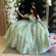 Beadeds Sage Green Shiny Ball Gown Quinceanera Dress Applique Lace Bow Sweet 16 Dress Birthday Party Dress Vestidos De 15 Anos