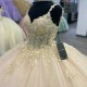 Beading Champagne Shiny Ball Gown Quinceanera Dresses Spaghetti Strap Sleeveless Floral Appliques Lace Corset Vestidos De 15 Anos