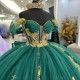 Beading Emerald Green Illusion Bow Ball Gown Quinceanera Dresses Off The Shoulder Gold Appliques Lace Beads Corset Vestidos De