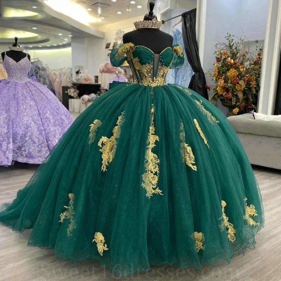 Beading Emerald Green Illusion Bow Ball Gown Quinceanera Dresses Off The Shoulder Gold Appliques Lace Beads Corset Vestidos De