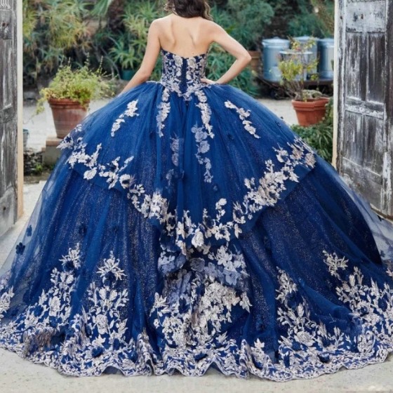 Beading Navy Blue Quinceanera Dresses Ball Gown Gold Lace Applique Tiered Corset Sweet 16 Vestidos De XV 15 Anos