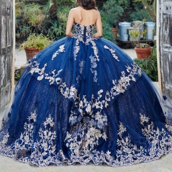 Beading Navy Blue Quinceanera Dresses Ball Gown Gold Lace Applique Tiered Corset Sweet 16 Vestidos De XV 15 Anos