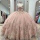 Beading Pink Shiny Quinceanera Dress Ball Gown Lace Applique Tull Mexican Corset Sweet 16 Vestidos De 15 Anos