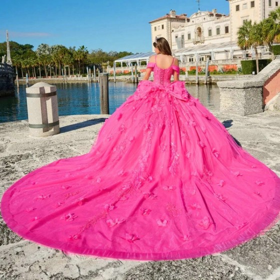 Beading Rose Red Shiny Quinceanera Dress Ball Gown Princess Shape Chapel Train Applique Lace Flower Bow Sweet 15 16 Birthday