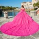 Beading Rose Red Shiny Quinceanera Dress Ball Gown Princess Shape Chapel Train Applique Lace Flower Bow Sweet 15 16 Birthday