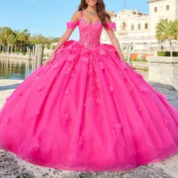 Beading Rose Red Shiny Quinceanera Dress Ball Gown Princess Shape Chapel Train Applique Lace Flower Bow Sweet 15 16 Birthday