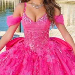 Beading Rose Red Shiny Quinceanera Dress Ball Gown Princess Shape Chapel Train Applique Lace Flower Bow Sweet 15 16 Birthday