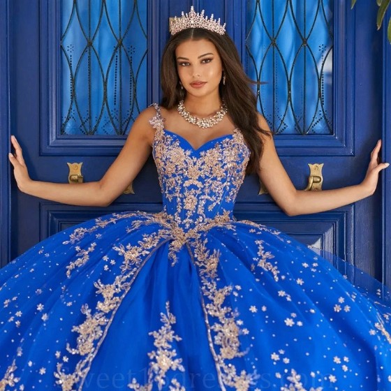 Beading Royal Blue Princess Quinceanera Dress Ball Gown Lace Applique Tull Spaghetti Strap Corset Sweet 16 Vestido 15 De Anos