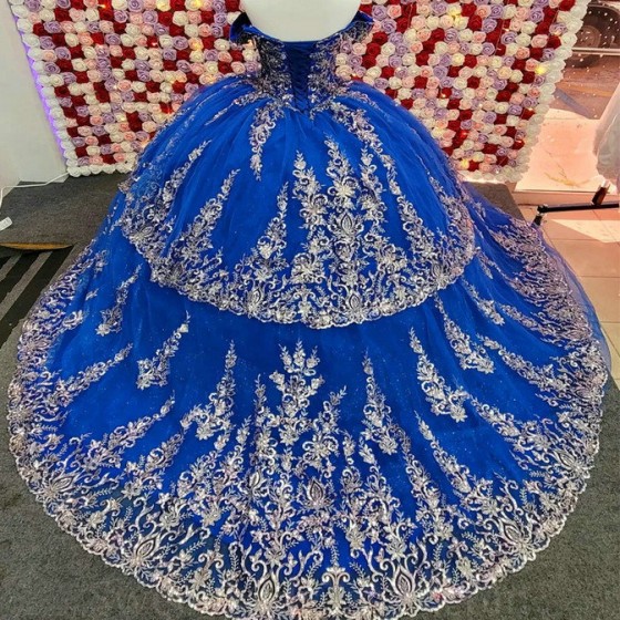 Beading Royal Blue Shiny Quinceanera Dress Ball Gown Off The Shoulder Lace Applique Tull Corset Sweet 16 Vestidos De 15 Anos