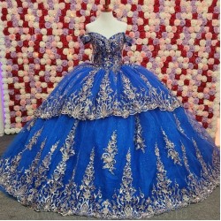 Beading Royal Blue Shiny Quinceanera Dress Ball Gown Off The Shoulder Lace Applique Tull Corset Sweet 16 Vestidos De 15 Anos