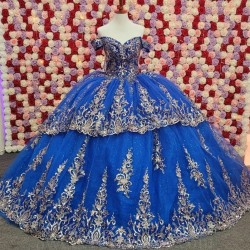 Beading Royal Blue Shiny Quinceanera Dress Ball Gown Off The Shoulder Lace Applique Tull Corset Sweet 16 Vestidos De 15 Anos