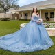 Beading Sky Blue Glitter Crystal Ball Gown Quinceanera Dresses Off The Shoulder Sequined Appliques Tull Sweet Vestidos De 15Anos