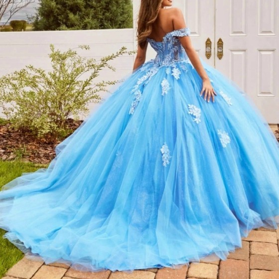 Beading Sky Blue Princess Quinceanera Dress Ball Gown Lace Applique Tull Mexico Sweet 16 Vestido De 15 Anos