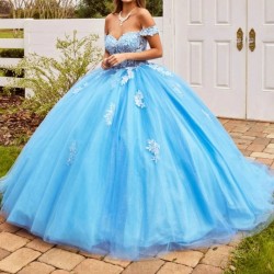 Beading Sky Blue Princess Quinceanera Dress Ball Gown Lace Applique Tull Mexico Sweet 16 Vestido De 15 Anos