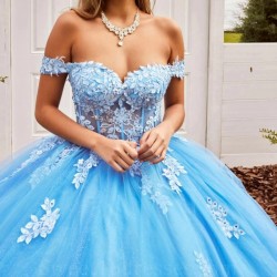 Beading Sky Blue Princess Quinceanera Dress Ball Gown Lace Applique Tull Mexico Sweet 16 Vestido De 15 Anos