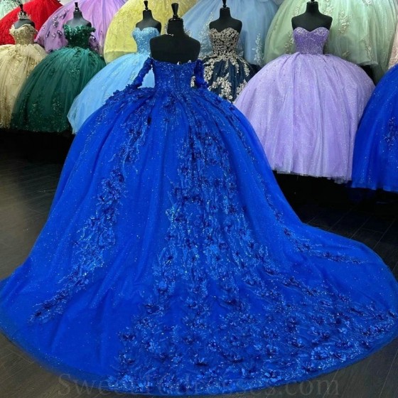 Beads Blue Shiny Quinceanera Dresses Princess Sweet 15 Years Girl Birthday Party Dresses Appliques Lace Vestidos De Quinceanera