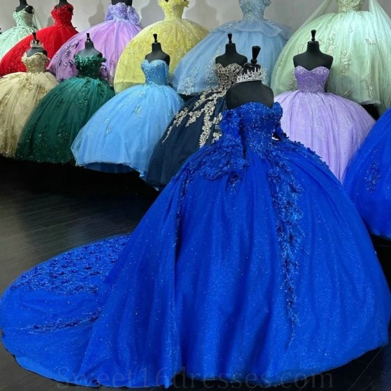 Beads Blue Shiny Quinceanera Dresses Princess Sweet 15 Years Girl Birthday Party Dresses Appliques Lace Vestidos De Quinceanera