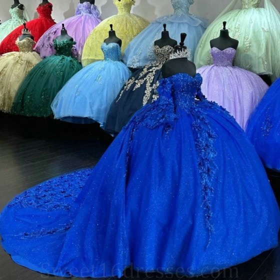 Beads Blue Shiny Quinceanera Dresses Princess Sweet 15 Years Girl Birthday Party Dresses Appliques Lace Vestidos De Quinceanera