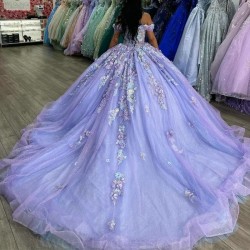 Beads Lavender Glitter Sequins Quinceanera Dresses Appliques Lace Tull Princess Off The Shoulder Sweet 16 Dress Vestidos De 15