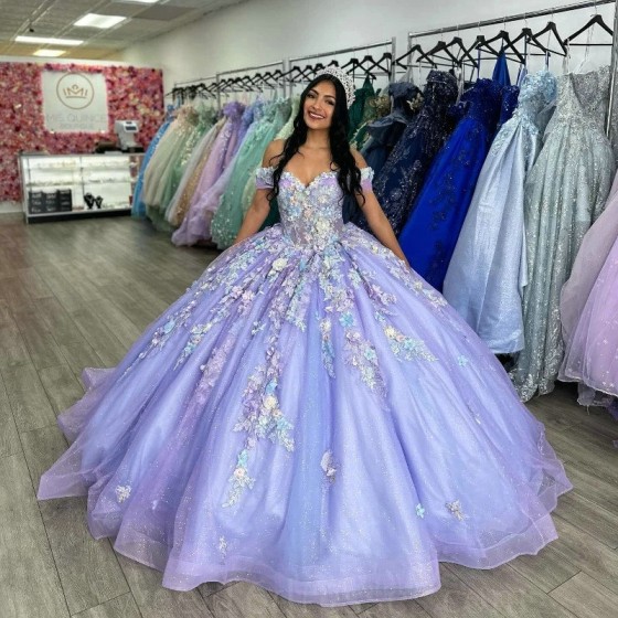 Beads Lavender Glitter Sequins Quinceanera Dresses Appliques Lace Tull Princess Off The Shoulder Sweet 16 Dress Vestidos De 15