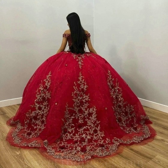 Beads Red Ball Gown Quinceanera Dresses Gold Appliques Lace Off the Shoulder Corset Sweet 15 Vestidos De 15 Anos