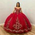 Beads Red Ball Gown Quinceanera Dresses Gold Appliques Lace Off the Shoulder Corset Sweet 15 Vestidos De 15 Anos