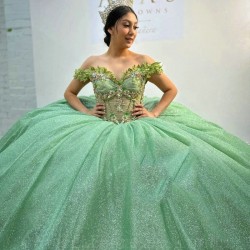 Beads Sage Green Quinceanera Dresses Ball Gown Birthday Party Dress Applique Lace Graduation Gown Sweetheart de 15 anos