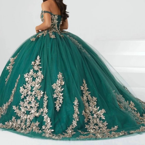 Blackish Green Shiny Quinceanera Dress Ball Gown Off The Shoulder Gold Applique Lace Beading Tull Sweet 16 Vestidos De 15 Anos