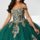 Blackish Green Shiny Quinceanera Dress Ball Gown Off The Shoulder Gold Applique Lace Beading Tull Sweet 16 Vestidos De 15 Anos