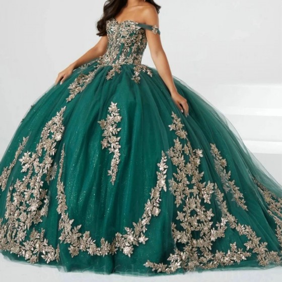 Blackish Green Shiny Quinceanera Dress Ball Gown Off The Shoulder Gold Applique Lace Beading Tull Sweet 16 Vestidos De 15 Anos