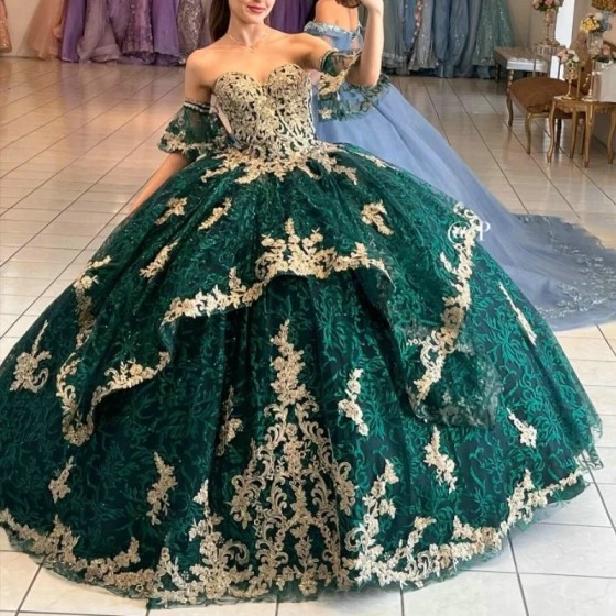 Blackish Green Shiny Quinceanera Dresses 2024 Gold Lace Appliques Mexican Ball Gown Prom Party Dress Vestidos Butantes 15 anos