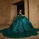 Blackish Green Shiny Quinceanera Dresses Off Shoulder Applique Flower Crystal Beaded Corset Dresses for 15 year anniversary