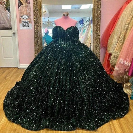 Blackish Green Shiny Sweetheart Quinceanera Dresses Off Shoulder Sequined Beads Chapel Train Corset Prom vestido de15 anos